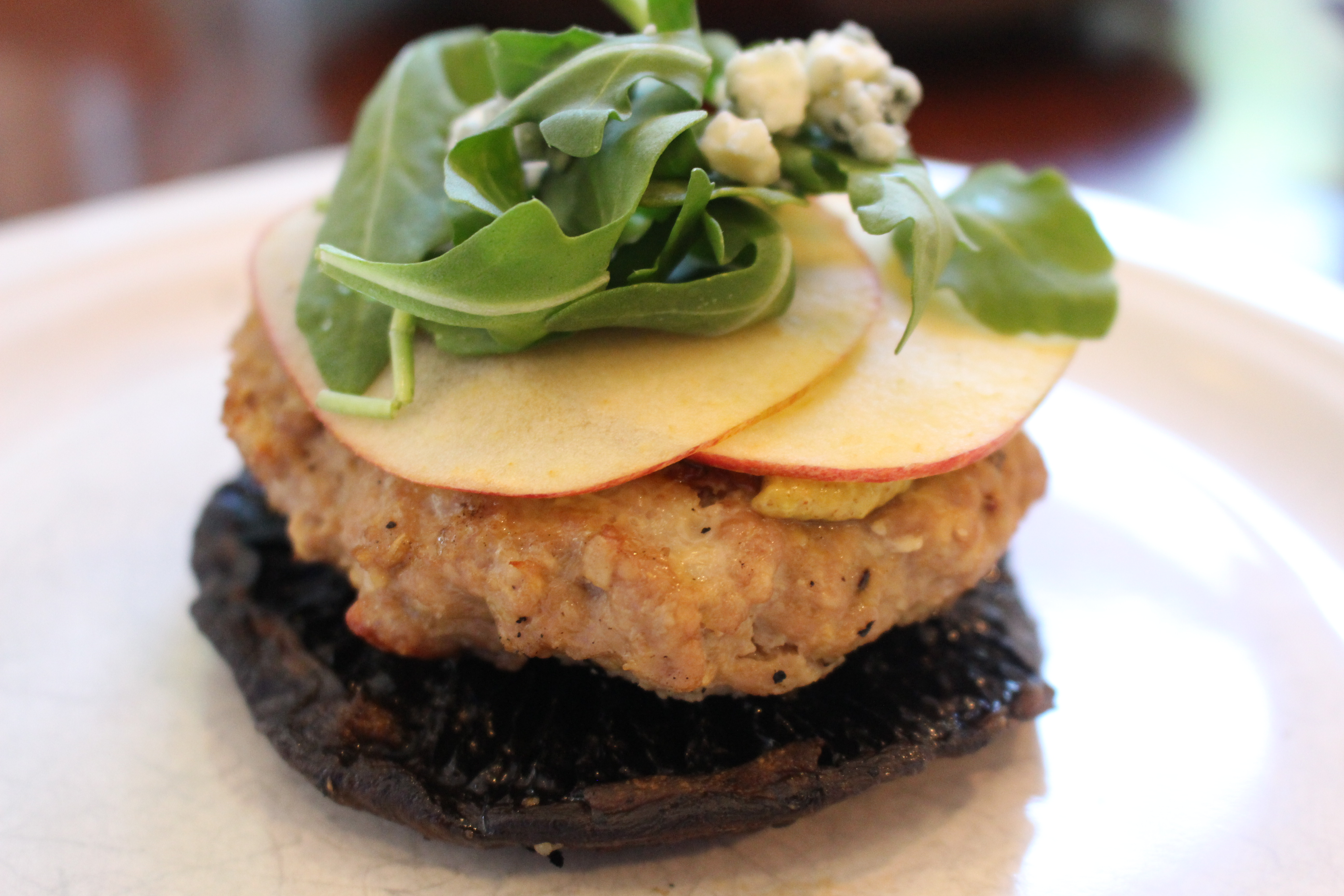 Decadent Turkey Burger with Sliced Apple and Blue Cheese -